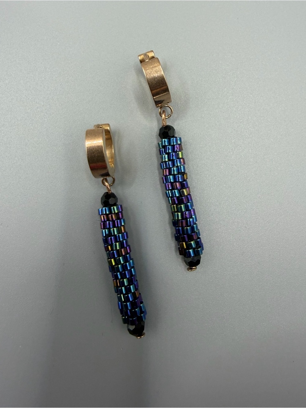 Gold Hoop Earrings with Iridescent Blue Beaded Drops